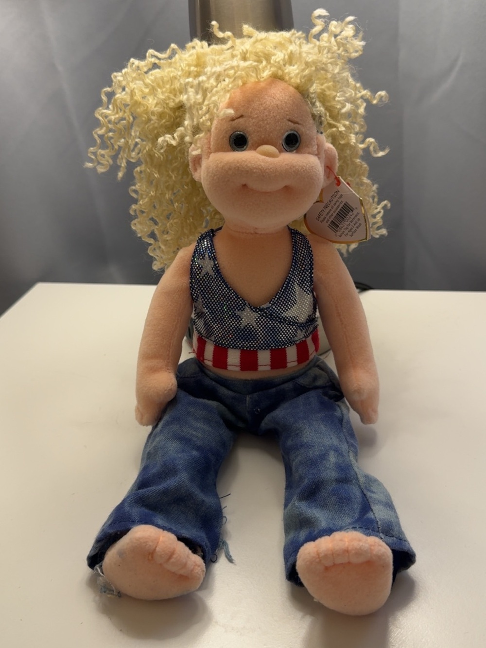 Ty Blonde Curly-Hair Plush Doll in Blue & Red Outfit